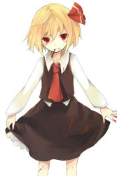 Rule 34 | 1girl, bad id, bad pixiv id, blood, blood on clothes, female focus, food, hasunokaeru, mouth hold, pocky, rumia, simple background, skirt, smile, solo, touhou, white background