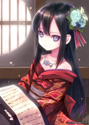 Rule 34 | 1girl, bad id, bad pixiv id, bare shoulders, black eyes, black hair, capriccio, carrying, collarbone, flower, flower on head, hair flower, hair ornament, hibanar, japanese clothes, jewelry, kimono, long hair, looking at viewer, necklace, original, parted lips, round window, scroll, sidelocks, solo, tenka touitsu chronicle, window