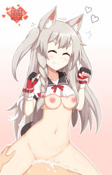 Rule 34 | 1girl, animal ear fluff, animal ears, azur lane, bottomless, claw pose, closed eyes, clothes lift, cowgirl position, crop top, cum, cum in pussy, cum overflow, deep penetration, fingerless gloves, girl on top, gloves, grey hair, heart, highres, light smile, long hair, nail polish, ohno, ribbon, sex, shirt lift, straddling, tail, wolf ears, wolf girl, wolf tail, yuudachi (azur lane)