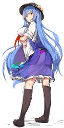 Rule 34 | 1girl, absurdres, black hat, blue bow, blue hair, blue skirt, blush, boots, bow, breasts, brown footwear, closed mouth, crossed arms, food, from behind, fruit, hat, highres, hinanawi tenshi, knee boots, long hair, looking at viewer, looking back, necktie, neropaso, peach, rainbow order, red eyes, red necktie, shirt, short sleeves, shy, sidelocks, sketch, skirt, solo, standing, thighhighs, touhou, tsurime, very long hair, white shirt, zettai ryouiki