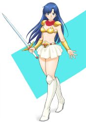 armor armored_boots asou_yuuko bandana bikini bikini_armor blue_eyes blue_hair boots breasts cleavage commentary_request full_body gold_bikini high_heel_boots high_heels highres holding holding_sword holding_weapon knee_boots long_hair miniskirt mugen_senshi_valis pauldrons red_bandana shigenobu shoulder_armor shoulder_pads skirt small_breasts standing stomach swimsuit sword valis vambraces very_long_hair weapon white_footwear white_skirt