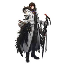 Rule 34 | 1boy, arknights, armband, bead necklace, beads, black footwear, black hair, black pants, black shirt, cane, coat, full body, fur-trimmed coat, fur trim, glasses, gloves, gnosis (arknights), highres, jewelry, kjerag logo, looking at viewer, male focus, multicolored hair, necklace, official art, open clothes, open coat, pants, parted lips, red hair, ryuuzaki ichi, shirt, short hair, standing, streaked hair, transparent background, white coat, white gloves