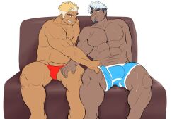 Rule 34 | 2boys, akiha gongen (housamo), bandaid, bandaid on face, bandaid on nose, bara, blue male underwear, boxers, briefs, bulge, couch, dark-skinned male, dark skin, eye contact, facial hair, feet out of frame, goatee, goatee stubble, hand on another&#039;s thigh, horns, huge eyebrows, looking at another, male focus, male underwear, male underwear pull, multicolored hair, multiple boys, muscular, muscular male, ragi san (ononokomachiimo), red male underwear, short hair, single horn, sitting, smirk, stubble, sweat, tokyo houkago summoners, topless male, two-tone hair, ulaanbaatar (housamo), underwear, unfinished, yaoi