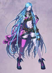 Rule 34 | 1girl, :p, absurdres, alternate hairstyle, artist request, asymmetrical gloves, asymmetrical legwear, bandolier, bare shoulders, belt, belt bra, belt skirt, bikini, bikini top only, blue hair, boots, braid, breasts, bullet, choker, colored skin, combat boots, elbow gloves, fingerless gloves, fishnet thighhighs, fishnets, flat chest, gloves, grey background, grey skin, gun, hair down, hand on own hip, highres, huge weapon, jewelry, jinx (league of legends), league of legends, long hair, looking at viewer, midriff, mismatched gloves, navel, necklace, pink eyes, platform footwear, pointing, pointing at viewer, purple eyes, purple thighhighs, short shorts, shorts, single elbow glove, single thighhigh, small breasts, solo, standing, swimsuit, tattoo, thigh strap, thighhighs, tongue, tongue out, vambraces, very long hair, weapon