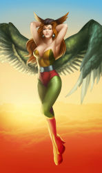 Rule 34 | 1girl, bodysuit, boots, breasts, cleavage, cloud, dc comics, earrings, feathered wings, feathers, hawkgirl, highres, jewelry, justice league, large breasts, long hair, orange hair, sky, solo, teeth, weijic, wings