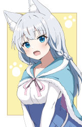 Rule 34 | 1girl, :o, animal ear fluff, animal ears, aqua cape, blue cape, blue eyes, blush, braid, breasts, cape, dress, eyelashes, fang, fur-trimmed cape, fur trim, grey hair, hataage! kemono michi, highres, jmsleo, long hair, long sleeves, medium breasts, multicolored clothes, multicolored dress, multiple braids, open mouth, paw print, paw print background, pink ribbon, ribbon, shigure (kemonomichi), simple background, solo, tongue, upper body, white sleeves, wolf ears, yellow background