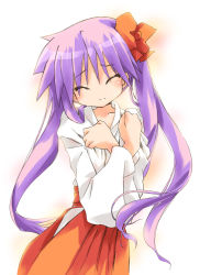Rule 34 | 00s, 1girl, female focus, gradient background, highres, hiiragi kagami, japanese clothes, long hair, lucky star, nyanmilla, purple hair, solo, twintails, white background