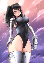 Rule 34 | 1girl, absurdres, artist name, black eyes, black hair, black one-piece swimsuit, blush, breasts, closed mouth, competition swimsuit, covered navel, cyborg, feet out of frame, from below, girls&#039; frontline, hair ornament, hairclip, highres, large breasts, long hair, looking at viewer, machine, mecha musume, mechanical arms, mechanical legs, nyto (generic) (girls&#039; frontline), nyto (girls&#039; frontline), nyto argentus (girls&#039; frontline) (haonfest), one-piece swimsuit, original, paradeus, prosthesis, prosthetic arm, prosthetic leg, solo, standing, swimsuit, thighs, twintails, yan kodiac