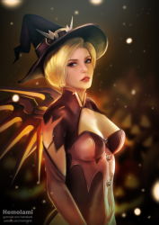 Rule 34 | 1girl, artist name, black dress, black gloves, black hat, blonde hair, blue eyes, blush, breasts, capelet, dress, elbow gloves, eyeliner, gloves, halloween, halloween costume, hat, hemolami, highres, light particles, lipstick, looking at viewer, makeup, mechanical wings, medium breasts, mercy (overwatch), official alternate costume, overwatch, overwatch 1, parted lips, pink lips, realistic, smile, solo, upper body, wings, witch, witch hat, witch mercy
