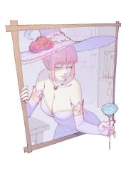 Rule 34 | 1girl, bare shoulders, blue flower, blue rose, breasts, cleavage, closed eyes, collarbone, commentary request, dress, earrings, elbow gloves, fingerless gloves, flower, gloves, hat, highres, jewelry, necklace, original, pink hair, rekaerb maerd, rose, smile, solo, witch hat
