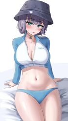 Rule 34 | 1girl, absurdres, arm support, bed sheet, bikini, blue archive, blue bikini, blush, breasts, bucket hat, cleavage, collarbone, hat, highres, hum455, large breasts, looking at viewer, navel, official alternate costume, partially unzipped, purple hair, raglan sleeves, rash guard, saki (blue archive), saki (swimsuit) (blue archive), simple background, solo, stomach, sweatdrop, swimsuit, white background