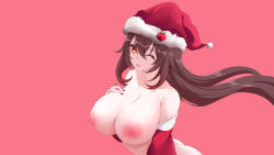 Rule 34 | 1girl, alternate breast size, ass, bare shoulders, breasts, brown hair, christmas, genshin impact, hand on own chest, hat, highres, hu tao (genshin impact), large breasts, long hair, long sleeves, looking at viewer, nail polish, off shoulder, one eye closed, open mouth, pink background, red eyes, santa hat, simple background, smile, symbol-shaped pupils, toki to shishin, tongue, tongue out, twintails, upper body