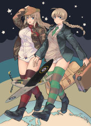 Rule 34 | 2girls, ahoge, black footwear, black jacket, blue eyes, bow, bow panties, breasts, brown hair, brown jacket, collared shirt, globe, green necktie, hand on headwear, highres, jacket, large breasts, long hair, looking at viewer, lynette bishop, multiple girls, necktie, panties, pondo (peng-model), red necktie, red scarf, roundel, scarf, shirt, siblings, sisters, skindentation, smile, strike witches, strike witches: katayoku no majo-tachi, striped clothes, striped legwear, striped thighhighs, suitcase, supermarine spitfire, sweater, tan sweater, thighhighs, thighs, underwear, walking, white shirt, wilma bishop, world witches series