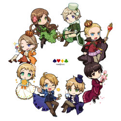 Rule 34 | 2girls, 6+boys, :d, alcohol, alternate costume, alternate universe, america (hetalia), arm up, artist name, axis powers hetalia, big nose, black hair, black pantyhose, blonde hair, blue eyes, bouquet, breasts, brown eyes, brown hair, cape, cherry blossoms, chibi, circle formation, clover, clover print, coat, commentary, crown, cup, diamond (shape), dress, drinking glass, flower, france (hetalia), fur-trimmed cape, fur-trimmed coat, fur trim, germany (hetalia), green dress, green eyes, hand on own cheek, hand on own face, hand on own hip, hat, heart, holding, holding bouquet, holding cup, holding flower, holding staff, hungary (hetalia), japan (hetalia), japanese clothes, kimono, liechtenstein (hetalia), long hair, looking at another, medium breasts, multiple boys, multiple girls, one eye closed, open mouth, pantyhose, pointing, pointing up, pom pom (clothes), print dress, puffy pants, purple eyes, red cape, red kimono, russia (hetalia), short hair, sitting, smile, spade (shape), staff, symbol-only commentary, tareme, teacup, thick eyebrows, to@st, top hat, united kingdom (hetalia), white background, white dress, wine, wine glass
