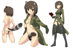 Rule 34 | 1girl, animal ears, armor, belt, book, brown eyes, brown hair, coat, glasses, messy (efuya), military, military uniform, no bra, open clothes, open shirt, original, panties, shirt, simple background, strike witches, tail, thighhighs, underwear, uniform, world witches series
