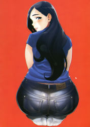 Rule 34 | 1girl, :p, absurdres, ass, back, black hair, blue eyes, blue shirt, blush, colored skin, denim, earrings, feet, from behind, highres, ikuchan kaoru, jeans, jewelry, long hair, mole, mole under eye, multicolored skin, original, pants, pantylines, parted bangs, pocket, red background, seiza, shirt, simple background, sitting, smile, socks, solo, stud earrings, tongue, tongue out, wariza, white socks