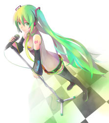 Rule 34 | 1girl, bad id, bad pixiv id, checkered floor, detached sleeves, dutch angle, from above, green eyes, green hair, green nails, hatsune miku, headphones, headset, legs, long hair, looking at viewer, matching hair/eyes, microphone, microphone stand, nail polish, necktie, nnyu, perspective, simple background, skirt, smile, solo, thighhighs, twintails, vocaloid, zettai ryouiki