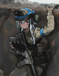 Rule 34 | 1other, absurdres, ambiguous gender, armband, assault rifle, blue armband, brown gloves, camouflage, combat helmet, commentary request, cowboy shot, day, expressionless, gloves, grey hair, gun, helmet, highres, load bearing equipment, load bearing vest, long sleeves, military, military uniform, original, outdoors, red eyes, rifle, russo-ukrainian war, soldier, solo, standing, sweat, trench, tuziki sang, ukrainian flag, uniform, war, weapon