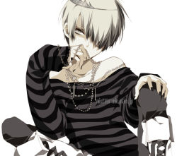 Rule 34 | 1boy, androgynous, bad id, bad pixiv id, belphegor (reborn), hair over eyes, jewelry, katekyo hitman reborn!, looking at viewer, male focus, misteor, necklace, shirt, short hair, smile, solo, striped clothes, striped shirt, tiara