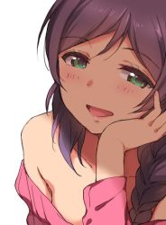 Rule 34 | 1girl, bare shoulders, blush, braid, collarbone, duke (inu daimyou), green eyes, hand on own cheek, hand on own face, long hair, looking at viewer, love live!, love live! school idol festival, love live! school idol project, open mouth, purple hair, simple background, single braid, smile, solo, tojo nozomi, upper body, white background