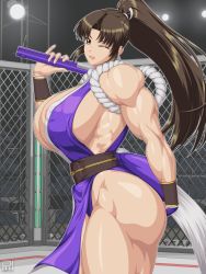 Rule 34 | 1girl, areola slip, bare shoulders, breasts, brown hair, cage, chain-link fence, fence, folding fan, hair intakes, hand fan, high ponytail, huge breasts, japanese clothes, long hair, muscular, muscular female, ninja, obliques, pelvic curtain, ponytail, ren (tainca2000), revealing clothes, sash, shiranui mai, smile, solo, the king of fighters