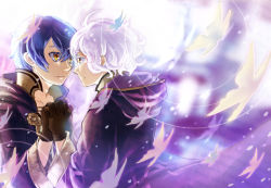 Rule 34 | 1boy, 1girl, ahoge, alternate eye color, blue hair, brown gloves, bug, butterfly, colored eyelashes, cover, cover page, dual persona, eye contact, fire emblem, fire emblem awakening, gloves, hair between eyes, hetero, holding hands, hood, hooded jacket, insect, jacket, looking at another, morgan (female) (fire emblem), morgan (fire emblem), morgan (male) (fire emblem), nintendo, novel cover, okiboshi, robin (fire emblem), short hair, smile, wavy hair, white hair, wind, yellow eyes