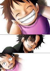 Rule 34 | 2boys, aged down, black eyes, black hair, black shirt, brothers, brown hair, child, closed eyes, death, family, freckles, grin, hat, jewelry, kara (acluf-0156), male focus, monkey d. luffy, multiple boys, necklace, one piece, pirate, portgas d. ace, scar, shirt, short hair, siblings, simple background, smile, tears, time paradox, white background