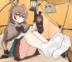 Rule 34 | 1girl, ahoge, arm support, bed sheet, black gloves, black hair, boots, bow, bowtie, bright pupils, brown bow, brown bowtie, brown eyes, brown hair, closed mouth, double-parted bangs, feather hair ornament, feathers, feet, foot focus, foreshortening, frills, full body, gloves, gold trim, hair between eyes, hair ornament, highres, holding, holding boots, holding clothes, holding footwear, hololive, hololive english, hood, hood down, indoors, knees up, legs, legs together, long hair, looking at viewer, miniskirt, multicolored hair, nanashi mumei, no shoes, on bed, panties, partially fingerless gloves, ponytail, sitting, skirt, smile, socks, softhanten, soles, streaked hair, tent, toes, underwear, unworn boots, variant set, very long hair, virtual youtuber, white hair, white panties, white pupils, white socks