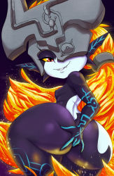 Rule 34 | 1girl, anal fingering, ass, ass focus, blonde hair, breasts, colored sclera, colored skin, fangs, fingering, helmet, highres, huge ass, long hair, looking at viewer, looking back, midna, multicolored skin, naughty face, nintendo, nude, pointy ears, red eyes, shortstack, small breasts, smile, solo, the legend of zelda, the legend of zelda: twilight princess, thecon, thick thighs, thighs, two-tone skin, wide hips, yellow sclera