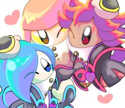 Rule 34 | 3girls, blue hair, disembodied hand, flamberge (kirby), francisca (kirby), hakaba (ksni tbn), hand on another&#039;s head, heart, highres, kirby: star allies, kirby (series), looking at viewer, multiple girls, nintendo, one eye closed, rayman limbs, red hair, zan partizanne