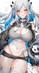Rule 34 | 1girl, bare shoulders, black choker, black shorts, blue nails, breasts, bun cover, choker, cleavage, cowboy shot, crop top, cropped hoodie, detached sleeves, floating hair, gluteal fold, grey shirt, grin, highleg, highres, hood, hood down, hoodie, large breasts, long hair, long sleeves, looking at viewer, micro shorts, midriff, nail polish, navel, original, panties, puffy long sleeves, puffy sleeves, sencha (senchat), shirt, shorts, sidelocks, simple background, skindentation, sleeveless, sleeveless shirt, smile, solo, stomach, string panties, stuffed animal, stuffed panda, stuffed toy, taut clothes, taut shirt, thigh gap, thighhighs, thighs, twintails, underwear, very long hair, white background, white hair, white thighhighs, yellow eyes, zipper