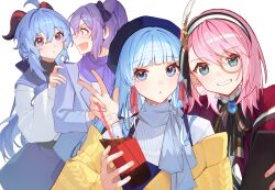 Rule 34 | 4girls, :d, ahoge, ayaka (genshin impact), beret, black bow, blue eyes, blue hair, blue headwear, blunt bangs, bow, brooch, charlotte (genshin impact), commentary request, cup, disposable cup, ganyu (genshin impact), genshin impact, hair bow, hairband, hat, highres, holding, holding cup, horns, jacket, jewelry, keqing (genshin impact), long hair, looking at viewer, multiple girls, off shoulder, open mouth, pink hair, purple eyes, purple scarf, scarf, shotgunman, smile, upper body, very long hair, yellow jacket