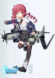 Rule 34 | 1girl, :d, ace virgin, aqua eyes, drill hair, full body, hawker sea fury, highres, miniskirt, necktie, open mouth, personification, pleated skirt, propeller, red hair, shenbei xiaoqiu, skirt, smile, solo, standing, thighhighs, uniform, wings