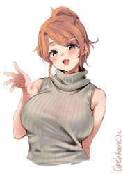 Rule 34 | 1girl, alternate costume, aquila (kancolle), blush, breasts, brown eyes, cropped torso, ebifurya, hair ornament, hairclip, high ponytail, highres, kantai collection, large breasts, long hair, looking at viewer, open mouth, orange hair, ribbed sweater, simple background, sleeveless, sleeveless sweater, smile, solo, sweater, twitter username, upper body, white background, white sweater