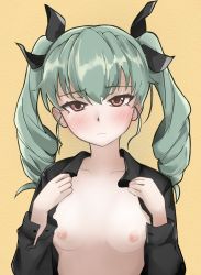 Rule 34 | 1girl, :o, absurdres, anchovy (girls und panzer), black ribbon, black shirt, blush, breasts, closed mouth, collared shirt, commentary, drill hair, frown, girls und panzer, green hair, hair ribbon, half-closed eyes, highres, long hair, long sleeves, looking at viewer, nipples, open clothes, open shirt, opened by self, orange background, red eyes, ribbon, shirt, small breasts, solo, sounata (sounanmaru), texture, twin drills, twintails, upper body