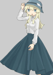 Rule 34 | 1girl, adjusting clothes, adjusting headwear, bad id, bad pixiv id, blonde hair, blouse, blue eyes, blue headwear, blue skirt, collared shirt, commentary request, feet out of frame, fish, grey background, hand up, highres, light blush, long hair, long skirt, long sleeves, looking at viewer, no pupils, open mouth, shirt, shoujo shuumatsu ryokou, simple background, skirt, smile, solo, white shirt, yoyohachi, yuuri (shoujo shuumatsu ryokou)