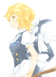Rule 34 | 1girl, alternate hair length, alternate hairstyle, apron, black dress, black hat, blonde hair, bow, breasts, bright pupils, commentary request, crescent, crescent pin, dress, from side, hat, hat bow, holding, kirisame marisa, puffy short sleeves, puffy sleeves, shirt, short hair, short sleeves, simple background, small breasts, solo, touhou, turtleneck, unworn hat, unworn headwear, upper body, waist apron, white background, white bow, white pupils, white shirt, witch hat, yellow eyes, ziro (daydozen)