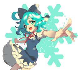Rule 34 | 1girl, bad id, bad pixiv id, blue eyes, blue hair, bow, cheong ha, cirno, hair bow, matching hair/eyes, no wings, open mouth, snowflakes, solo, touhou