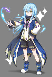 Rule 34 | 1other, androgynous, black legwear, black shorts, blue hair, closed mouth, coat, full body, grey background, hair between eyes, hand on own hip, highres, long hair, long sleeves, open clothes, open coat, rimuru tempest, shorts, shoura, simple background, smile, standing, straight hair, tensei shitara slime datta ken, very long hair, yellow eyes