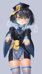 Rule 34 | 1girl, black dress, black hair, black hat, blue hair, blue nails, blush, bow, bow legwear, braid, china dress, chinese clothes, clothing cutout, colored inner hair, commentary request, cowboy shot, dress, grey hair, grey thighhighs, grin, halloween, halloween costume, hat, highres, jewelry, jiangshi costume, long sleeves, looking at viewer, medium hair, mitake eil, multicolored hair, nail polish, necklace, ofuda, original, outstretched arms, qingdai guanmao, short dress, shoulder cutout, side braid, simple background, smile, solo, standing, thighhighs, wide sleeves, yellow bow, yellow eyes, zombie pose