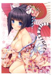 Rule 34 | 1girl, absurdres, animal ears, artist name, bare shoulders, black hair, blue eyes, blush, bow, breasts, breasts out, closed mouth, floral print, flower, hair bow, hair flower, hair ornament, highres, japanese clothes, kimono, large breasts, long hair, looking at viewer, nipples, obi, off shoulder, oil-paper umbrella, page number, sash, sayori (neko works), scan, shiny skin, sitting, slit pupils, smile, solo, tail, tiger ears, tiger tail, toranoana, umbrella