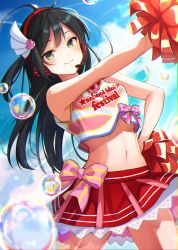 Rule 34 | 1girl, ahoge, armpits, bad id, bad twitter id, bare arms, bare shoulders, black hair, bubble, cheerleader, cowboy shot, crop top, crop top overhang, day, earphones, goroo (eneosu), green eyes, hand on own hip, highres, holding, holding pom poms, long hair, looking at viewer, love live!, love live! nijigasaki high school idol club, love live! school idol project, midriff, miniskirt, navel, one side up, outdoors, outstretched arm, pleated skirt, pom pom (cheerleading), pom poms, red skirt, shirt, skirt, sleeveless, sleeveless shirt, smile, solo, stomach, sunlight, white shirt, yuki setsuna (love live!)