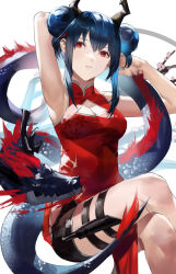Rule 34 | 1girl, arknights, arm behind head, black shorts, blazpu, blue hair, ch&#039;en (ageless afterglow) (arknights), ch&#039;en (arknights), china dress, chinese clothes, commentary, crossed legs, double bun, dragon, dragon girl, dragon horns, dragon tail, dress, eastern dragon, feet out of frame, hair between eyes, hair bun, highres, horns, looking at viewer, official alternate costume, parted lips, red dress, red eyes, short hair with long locks, short shorts, shorts, sidelocks, sitting, sleeveless, sleeveless dress, solo, tail, thigh strap, white background
