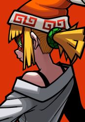 Rule 34 | 1girl, arms (game), beanie, blonde hair, domino mask, from behind, green eyes, green hair ornament, hat, highres, mask, min min (arms), off-shoulder sweater, off shoulder, omoti sakamoto, profile, red background, short ponytail, solo, sweater