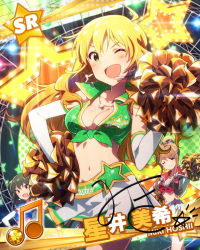 Rule 34 | 10s, 3girls, beamed quavers, blonde hair, breasts, card (medium), character name, cheerleader, cleavage, crop top, front-tie top, headset, hoshii miki, idolmaster, idolmaster (classic), idolmaster million live!, jewelry, long hair, midriff, multiple girls, musical note, nagayoshi subaru, navel, necklace, official art, open mouth, pom pom (cheerleading), shirt, skirt, tenkuubashi tomoka, tied shirt