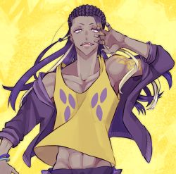 Rule 34 | 1boy, arm tattoo, bad id, bad pixiv id, blonde hair, bracelet, collarbone, cornrows, creatures (company), dark-skinned male, dark skin, ear piercing, game freak, gen 8 pokemon, hand up, highres, jacket, jewelry, long hair, looking at viewer, male focus, nail polish, navel, nintendo, open mouth, personification, piercing, pokemon, purple hair, purple nails, ring, saikachimushi, shirt, simple background, solo, standing, tattoo, toxtricity, yellow background, yellow shirt