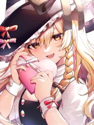 Rule 34 | 1girl, :d, blonde hair, bloom, blush, box, breasts, commentary request, frills, hair between eyes, hair ribbon, half-closed eyes, hands up, hat, heart-shaped box, highres, holding, holding box, kirisame marisa, long hair, looking at viewer, medium breasts, open mouth, puffy short sleeves, puffy sleeves, ribbon, sakuhara kaka, short sleeves, simple background, smile, solo, touhou, tress ribbon, upper body, very long hair, white background, witch hat, wrist cuffs, yellow eyes