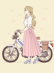 Rule 34 | 1girl, bicycle, blonde hair, blue eyes, blue footwear, breasts, from side, high heels, highres, kantai collection, long hair, long skirt, mole, mole under eye, mole under mouth, motor vehicle, motorcycle, petals, pink skirt, profile, richelieu (kancolle), shadow, shirt, simple background, skirt, smile, solo, standing, thrux, white shirt, yellow background