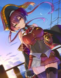 Rule 34 | 1girl, arm at side, arrow through heart, ascot, bare shoulders, belt, belt buckle, black coat, black hat, black leotard, black thighhighs, breasts, buckle, closed mouth, cloud, coat, commentary request, covered navel, cropped vest, cup, floating hair, gradient sky, hat, heterochromia, highres, holding, holding cup, hololive, houshou marine, houshou marine (1st costume), inari (ambercrown), large breasts, leotard, leotard under clothes, long hair, long sleeves, looking at viewer, miniskirt, no eyepatch, off shoulder, open clothes, open coat, outdoors, pirate hat, pleated skirt, purple hair, red ascot, red eyes, red skirt, red vest, see-through, see-through leotard, ship, skirt, skull, sky, smile, solo, sunlight, thighhighs, twintails, vest, virtual youtuber, watercraft, wind, yellow eyes, zettai ryouiki