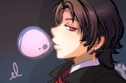 Rule 34 | 10s, 1boy, brown hair, blowing bubbles, chewing gum, earrings, ebbilin, jewelry, kashuu kiyomitsu, looking at viewer, looking to the side, male focus, mole, mole under mouth, personification, pink eyes, profile, red scarf, scarf, simple background, solo, touken ranbu
